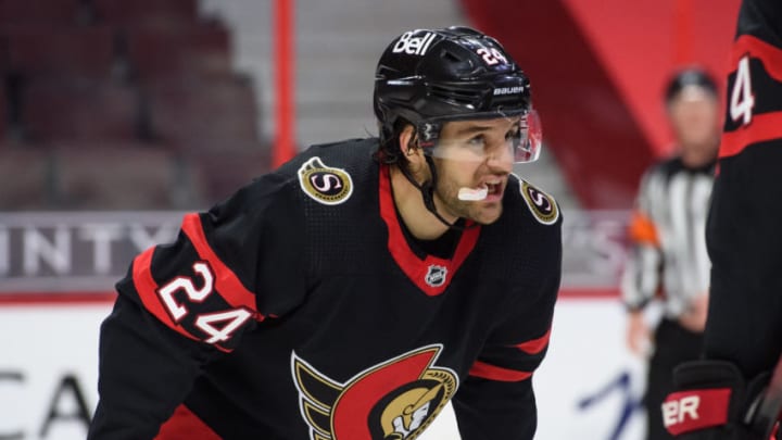 OTTAWA, ON - JANUARY 15: Christian Wolanin #24 of the Ottawa Senators looks on during a stoppage in play against the Toronto Maple Leafs at Canadian Tire Centre on January 15, 2021 in Ottawa, Ontario, Canada. (Photo by Matt Zambonin/Freestyle Photography/Getty Images)