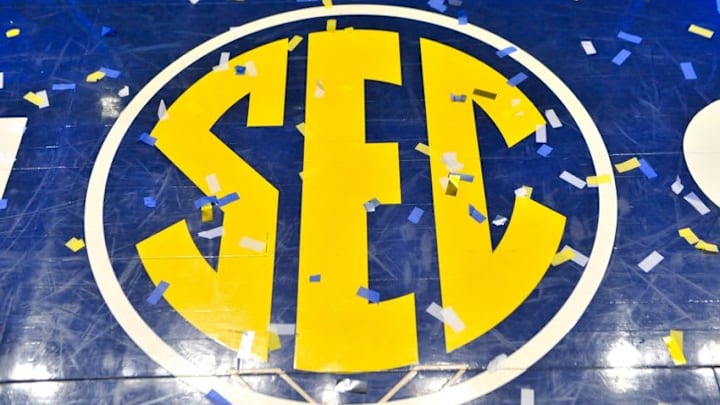 Mar 13, 2016; Nashville, TN, USA; The SEC logo after the championship game between Kentucky Wildcats and Texas A&M Aggies of the SEC tournament at Bridgestone Arena. Kentucky Wildcats won 82-77. Mandatory Credit: Jim Brown-USA TODAY Sports