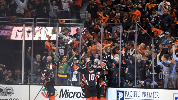 ANAHEIM, CA - MAY 10: The Ducks celebrate after Anaheim Ducks Left Wing Nick Ritchie (37) scored the go-ahead goal in the third period during game 7 of the second round of the 2017 NHL Stanley Cup Playoffs between the Edmonton Oilers and the Anaheim Ducks on May 10, 2017 at Honda Center in Anaheim, CA. The Ducks defeated the Oilers 2-1 to advance to the Western Conference Finals. (Photo by Chris Williams/Icon Sportswire via Getty Images)