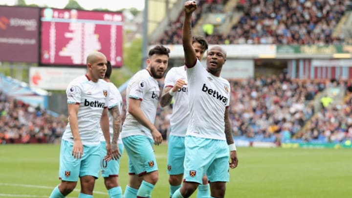 BURNLEY, ENGLAND - MAY 21: Andre Ayew of West Ham United celebrates scoring his sides second goal during the Premier League match between Burnley and West Ham United at Turf Moor on May 21, 2017 in Burnley, England. (Photo by Mark Robinson/Getty Images)