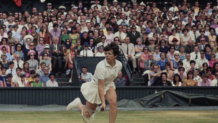 Billie Jean King of the United States during the Women’s Singles Final match against Judy Tegart Dalton of Australia at the Wimbledon Lawn Tennis championships on 5th July 1968 at the All England Lawn Tennis and Croquet Club in Wimbledon in London, England. (Photo by Don Morley/Allsport/Getty Images)