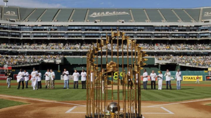 OAKLAND, CA - JULY 19: The 1989 World Series trophy sits on display during a celebration of the championship of 25 years ago against the San Francisco Giants before a game at O.co Coliseum on July 19, 2014 in Oakland, California. (Photo by Brian Bahr/Getty Images)
