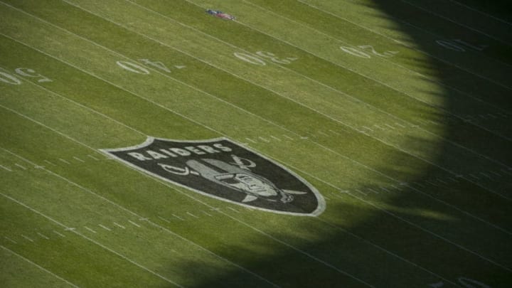 MEXICO CITY, MEXICO – NOVEMBER 19: The Oakland Raiders logo is seen on the field at Estadio Azteca before their game against the New England Patriots on November 19, 2017 in Mexico City, Mexico. (Photo by Jamie Schwaberow/Getty Images)