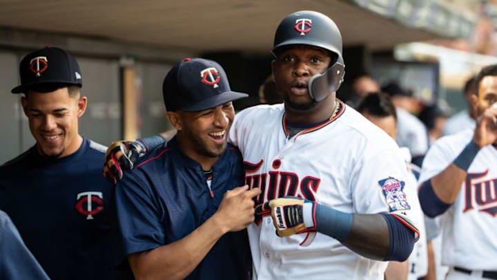 MINNEAPOLIS, MN- AUGUST 16: Miguel Sano #22 of the Minnesota Twins celebrates with Eddie Rosario #20 after hitting a home run against the Detroit Tigers on August 16, 2018 at Target Field in Minneapolis, Minnesota. The Twins defeated the Tigers 15-8. (Photo by Brace Hemmelgarn/Minnesota Twins/Getty Images)