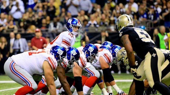 Nov 1, 2015; New Orleans, LA, USA; New York Giants quarterback Eli Manning (10) at the line against the New Orleans Saints during the first half of a game at the Mercedes-Benz Superdome. The Saints defeated the Giants 52-49. Mandatory Credit: Derick E. Hingle-USA TODAY Sports