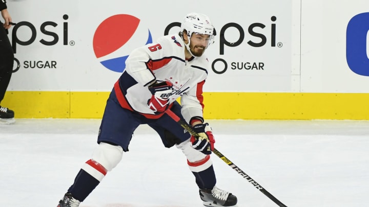 PHILADELPHIA, PA – MARCH 06: Washington Capitals Defenceman Michal Kempny (6) skates with the puck during the game between the Washington Capitals and the Philadelphia Flyers on March 6, 2019 at Wells Fargo Center in Philadelphia, PA.(Photo by Andy Lewis/Icon Sportswire via Getty Images)