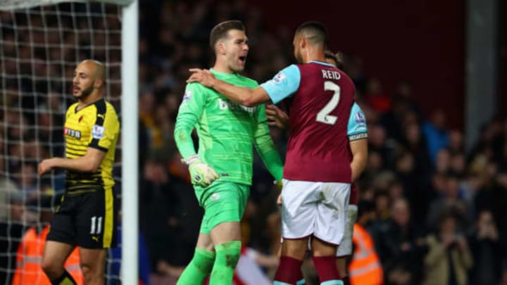 LONDON, ENGLAND – APRIL 20: Adrian of West Ham United celebrates with Winston Reid of West Ham United after saving a penalty from Troy Deeney of Watford during the Barclays Premier League match between West Ham United and Watford at the Boleyn Ground, April 20, 2016, London, England (Photo by Julian Finney/Getty Images)