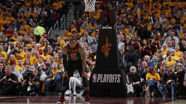 CLEVELAND, OH – MAY 7: LeBron James #23 of the Cleveland Cavaliers looks on during Game Four of the Eastern Conference Semifinals of the 2018 NBA Playoffs on May 7, 2018 at Quicken Loans Arena in Cleveland, Ohio. NOTE TO USER: User expressly acknowledges and agrees that, by downloading and/or using this Photograph, user is consenting to the terms and conditions of the Getty Images License Agreement. Mandatory Copyright Notice: Copyright 2018 NBAE (Photo by Jeff Haynes/NBAE via Getty Images)