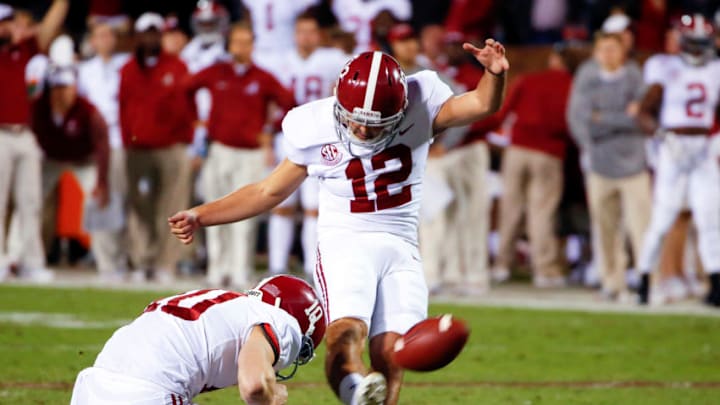 STARKVILLE, MS - NOVEMBER 11: Andy Pappanastos #12 of the Alabama Crimson Tide kicks a field goal during the second half of an NCAA football game against the Mississippi State Bulldogs at Davis Wade Stadium on November 11, 2017 in Starkville, Mississippi. (Photo by Butch Dill/Getty Images)