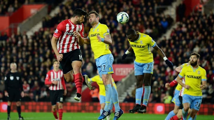 SOUTHAMPTON, ENGLAND - MARCH 03: Graziano Pelle of Southampton directs a header on goal during the Barclays Premier League match between Southampton and Crystal Palace at St Mary's Stadium on March 3, 2015 in Southampton, England. (Photo by Jamie McDonald/Getty Images)