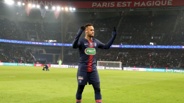 PARIS, FRANCE - JANUARY 23: Neymar Jrof Paris Saint-Germain reacts during the French Cup match between Paris Saint-Germain and RC Strasbourg at Parc des Princes on January 23, 2019 in Paris, France. (Photo by Xavier Laine/Getty Images)