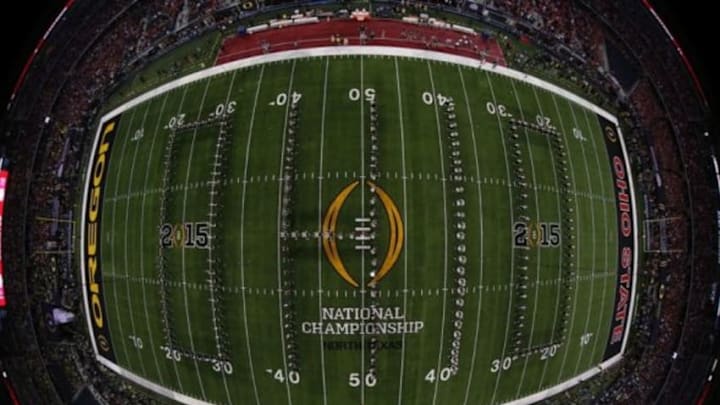 Jan 12, 2015; Arlington, TX, USA; A general view of the Ohio State Buckeyes band and script Ohio prior to the start of the game against the Oregon Ducks in the 2015 CFP National Championship Game at AT&T Stadium. Mandatory Credit: Tom Pennington-Pool Photo via USA TODAY Sports