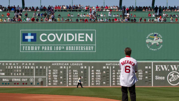 BOSTON, MA - APRIL 20: Former Boston Red Sox first baseman Bill Buckner stands at his position before the game between the Boston Red Sox and the New York Yankees on Friday, April 20, 2012 at Fenway Park in Boston, Massachusetts. (Photo by Winslow Townson/MLB Photos via Getty Images)
