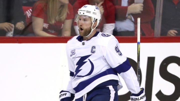 WASHINGTON, DC - MAY 15: Steven Stamkos #91 of the Tampa Bay Lightning celebrates after scoring a goal against Braden Holtby #70 of the Washington Capitals during the first period in Game Three of the Eastern Conference Finals during the 2018 NHL Stanley Cup Playoffs at Capital One Arena on May 15, 2018 in Washington, DC. (Photo by Patrick Smith/Getty Images)