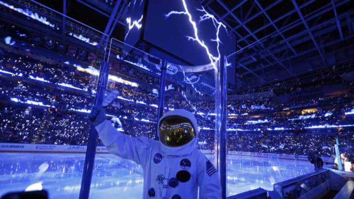 TAMPA, FL - MAY 12: A Tampa Bay Lightning fan dressed as an astronaut cheers with fans prior to Game Six of the Eastern Conference Semifinals against the Montreal Canadiens during the 2015 NHL Stanley Cup Playoffs at Amalie Arena on May 12, 2015 in Tampa, Florida. (Photo by Mike Carlson/Getty Images)