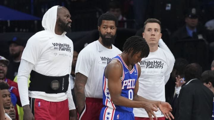 Tyrese Maxey #0 of the Philadelphia 76ers reacts in front of Dewayne Dedmon #21, Markieff Morris #8, and Duncan Robinson #55 of the Miami Heat (Photo by Mitchell Leff/Getty Images)