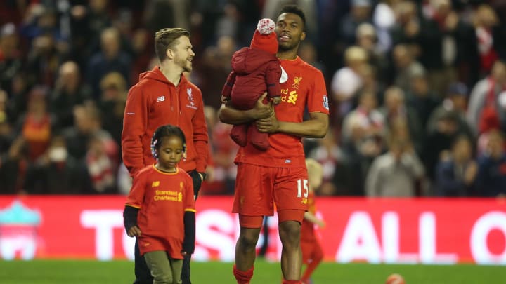 LIVERPOOL, ENGLAND – MAY 11: Alberto Moreno of Liverpool and Daniel Sturridge of Liverpool in conversation with family members during the Barclays Premier League match between Liverpool and Chelsea at Anfield on May 11, 2016 in Liverpool, England. (Photo by Chris Brunskill/Getty Images)