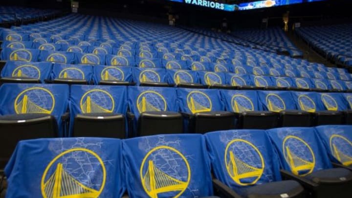 Oct 30, 2013; Oakland, CA, USA; T-shirts depicting a map of the bay area and the new bay bridge Golden State Warriors logo at Oracle Arena before the game between the Golden State Warriors and the Los Angeles Lakers. Mandatory Credit: Kelley L Cox-USA TODAY Sports