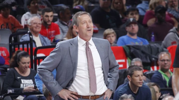 SACRAMENTO, CA - MARCH 4: Head coach Jeff Hornacek of the New York Knicks coaches against the Sacramento Kings on March 4, 2018 at Golden 1 Center in Sacramento, California. NOTE TO USER: User expressly acknowledges and agrees that, by downloading and or using this photograph, User is consenting to the terms and conditions of the Getty Images Agreement. Mandatory Copyright Notice: Copyright 2018 NBAE (Photo by Rocky Widner/NBAE via Getty Images)