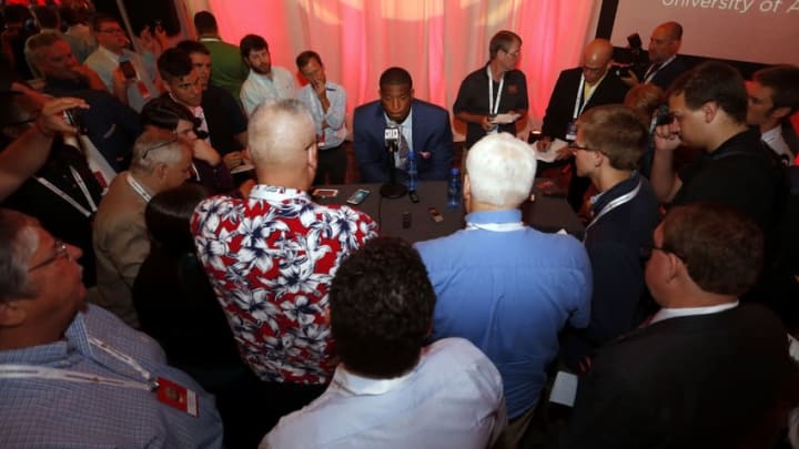 Jul 13, 2016; Hoover, AL, USA; Alabama player O.J. Howard speaks to the media during SEC media day at Hyatt Regency Birmingham-The Wynfrey Hotel. Mandatory Credit: Butch Dill-USA TODAY Sports