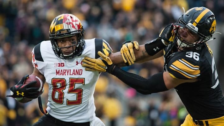 Oct 31, 2015; Iowa City, IA, USA; Maryland Terrapins wide receiver Jahrvis Davenport (85) works for extra yardage as Iowa Hawkeyes linebacker Cole Fisher (36) defends during the second half at Kinnick Stadium. Iowa won 31-15. Mandatory Credit: Jeffrey Becker-USA TODAY Sports