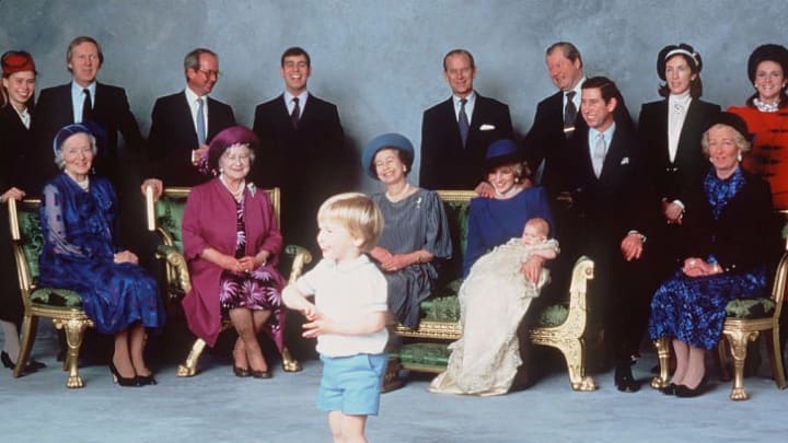 Young Prince William entertains the royal relatives and godparents who gathered at Windsor Castle on December 21, 1984 for the christening of Prince Harry.