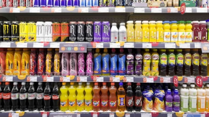 CARDIFF, UNITED KINGDOM - SEPTEMBER 21: Fizzy, sugary drinks on a supermarket shelf on September 21, 2017 in Cardiff, United Kingdom. (Photo by Matthew Horwood/Getty Images)