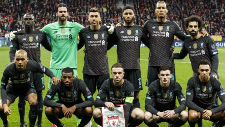 MADRID, SPAIN - FEBRUARY 18: teamphoto of Liverpool FC (L-R) Sadio Mane of Liverpool FC. Alisson Becker of Liverpool FC, Roberto Firmino of Liverpool FC, Joe Gomez of Liverpool FC, Virgil van Dijk of Liverpool FC, Mohamed Salah of Liverpool FC, Fabinho of Liverpool FC, Joe Gomez of Liverpool FC, Jordan Henderson of Liverpool FC, Andy Robertson of Liverpool FC, Trent Alexander Arnold of Liverpool FC during the UEFA Champions League match between Atletico Madrid v Liverpool at the Estadio Wanda Metropolitano on February 18, 2020 in Madrid Spain (Photo by David S. Bustamante/Soccrates/Getty Images)