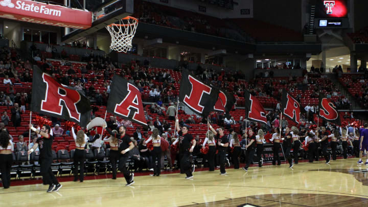 Dec 12, 2018; Lubbock, TX, USA; The Texas Tech Red Raiders cheerleaders lead the team onto the court before the game against the Northwestern State Demons at United Supermarkets Arena. Mandatory Credit: Michael C. Johnson-USA TODAY Sports