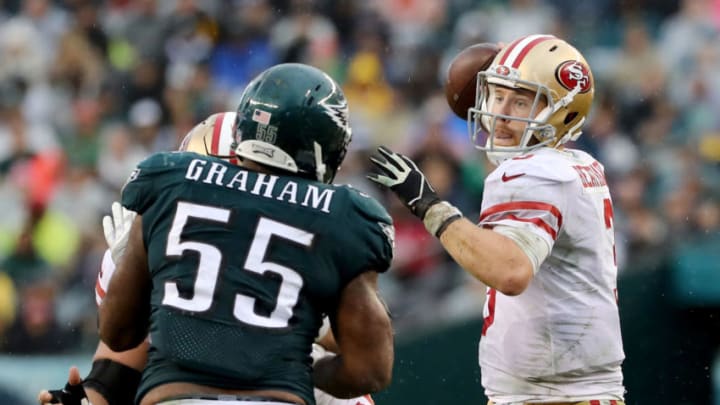 PHILADELPHIA, PA - OCTOBER 29: C.J. Beathard #3 of the San Francisco 49ers passes under pressure from Brandon Graham #55 of the Philadelphia Eagles in the second half on October 29, 2017 at Lincoln Financial Field in Philadelphia, Pennsylvania. (Photo by Elsa/Getty Images) PHILADELPHIA, PA - OCTOBER 29: C.J. Beathard #3 of the San Francisco 49ers passes under pressure from Brandon Graham #55 of the Philadelphia Eagles in the second half on October 29, 2017 at Lincoln Financial Field in Philadelphia, Pennsylvania. (Photo by Elsa/Getty Images)