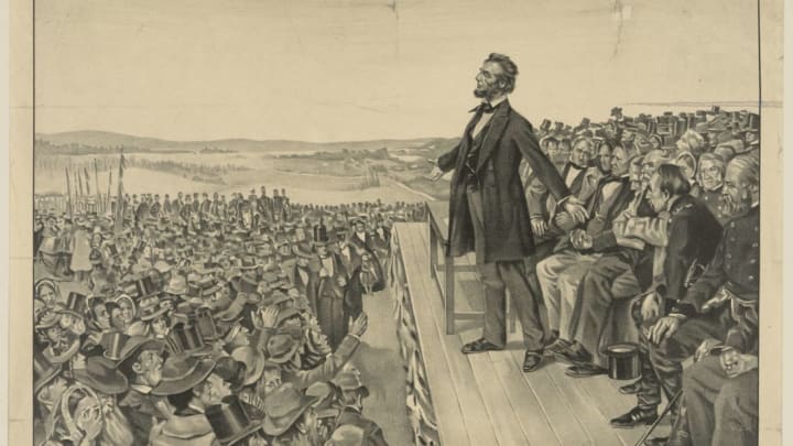 An illustration of Abraham Lincoln delivering the Gettysburg Address from 1905.