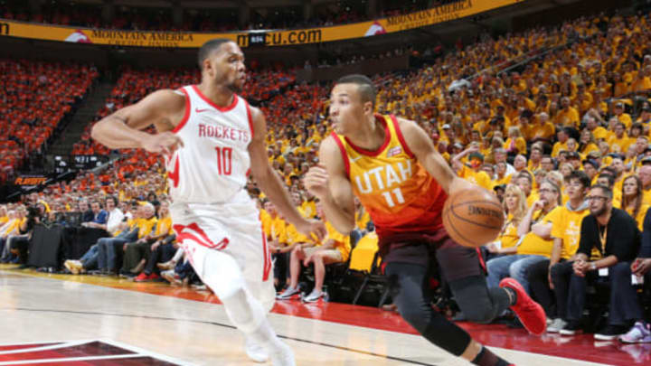SALT LAKE CITY, UT – MAY 4: Dante Exum #11 of the Utah Jazz handles the ball during the game against the Houston Rockets during Game Three of the Western Conference Semifinals of the 2018 NBA Playoffs on May 4, 2018 at the Vivint Smart Home Arena Salt Lake City, Utah. NOTE TO USER: User expressly acknowledges and agrees that, by downloading and or using this photograph, User is consenting to the terms and conditions of the Getty Images License Agreement. Mandatory Copyright Notice: Copyright 2018 NBAE (Photo by Melissa Majchrzak/NBAE via Getty Images)