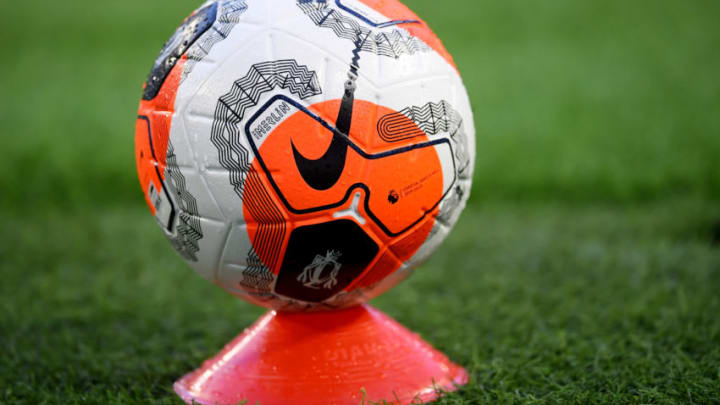 MANCHESTER, ENGLAND - JUNE 17: A disinfected match ball is shown during the Premier League match between Manchester City and Arsenal FC at Etihad Stadium on June 17, 2020 in Manchester, United Kingdom. Football Stadiums around Europe remain empty due to the Coronavirus Pandemic as Government social distancing laws prohibit fans inside venues resulting in all fixtures being played behind closed doors. (Photo by Laurence Griffiths/Getty Images)