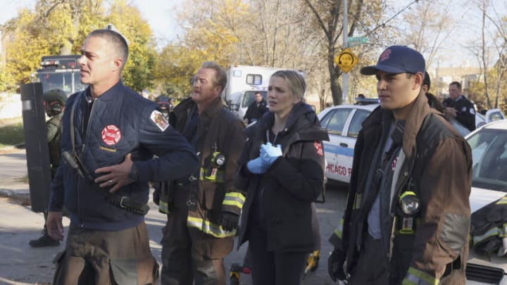 CHICAGO FIRE -- "Something for the Pain" Episode 1110 -- Pictured: (l-r) Taylor Kinney as Kelly Severide, Christian Stolte as Randall McHolland, Kara Killmer as Sylvie Brett, Alberto Rosende as Gallo -- (Photo by: Adrian S Burrows Sr/NBC)