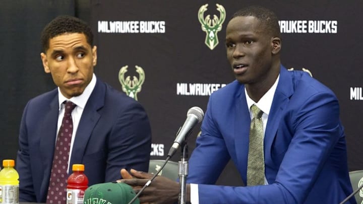 Jun 24, 2016; Milwaukee, WI, USA; Milwaukee Bucks first round pick Thon Maker (R) speaks to the media as second round pick Malcolm Brogdon (L) looks on at Milwaukee Bucks training facility. Mandatory Credit: Sam Caravana- Milwaukee Journal Sentinel via USA TODAY Sports
