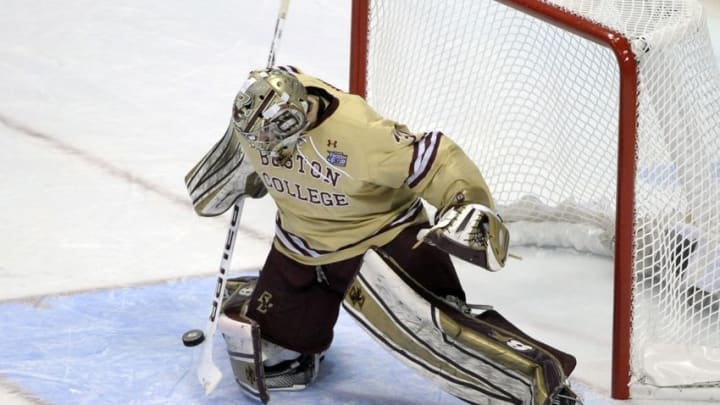 Apr 10, 2014; Philadelphia, PA, USA; Boston College Eagles goalie Thatcher Demko (30) makes a save against the Union Dutchmen during the second period in the semifinals of the Frozen Four college ice hockey tournament at Wells Fargo Center. Mandatory Credit: Eric Hartline-USA TODAY Sports