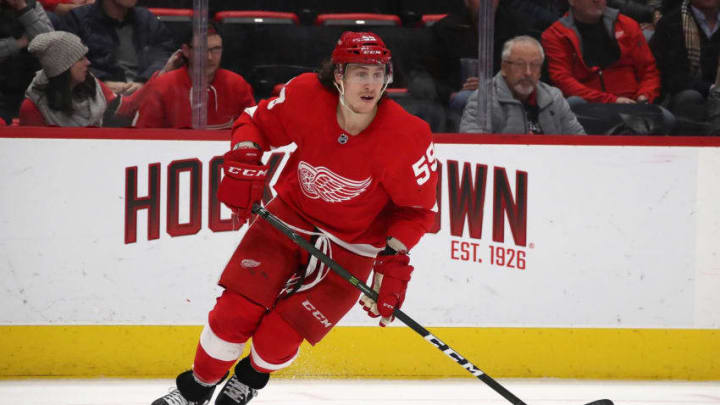 DETROIT, MICHIGAN - NOVEMBER 28: Tyler Bertuzzi #59 of the Detroit Red Wings skates against the St. Louis Blues at Little Caesars Arena on November 28, 2018 in Detroit, Michigan. Detroit won the game 4-3. (Photo by Gregory Shamus/Getty Images)