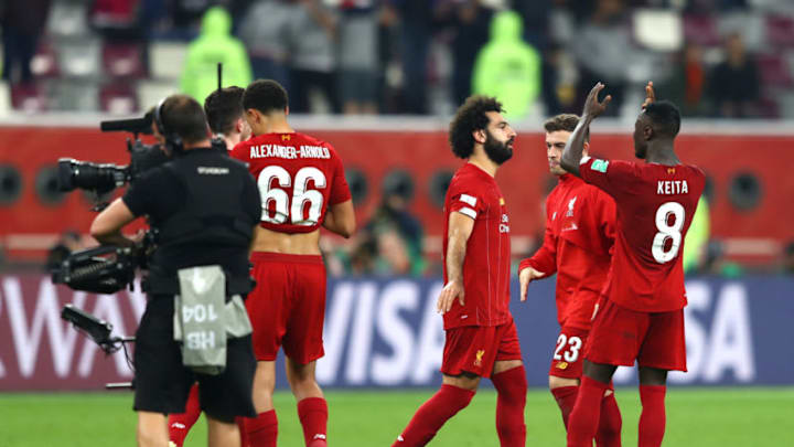 DOHA, QATAR - DECEMBER 18: Mohamed Salah and Naby Keita of Liverpool celebrate victory after the FIFA Club World Cup semi-final match between Monterrey and Liverpool at Education City Stadium on December 18, 2019 in Doha, Qatar. (Photo by Francois Nel/Getty Images)