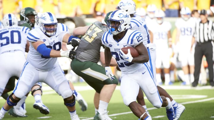 WACO, TX – SEPTEMBER 15: Deon Jackson #25 of the Duke Blue Devils breaks free against the Baylor Bears during the second half of a football game at McLane Stadium on September 15, 2018 in Waco, Texas. (Photo by Cooper Neill/Getty Images)