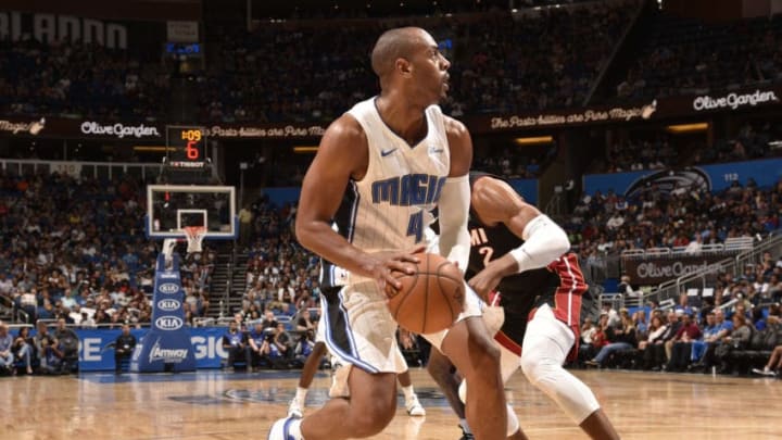ORLANDO, FL - OCTOBER 7: Arron Afflalo #4 of the Orlando Magic handles the ball against the Miami Heat during a preseason game on October 8, 2017 at Amway Center in Orlando, Florida. NOTE TO USER: User expressly acknowledges and agrees that, by downloading and or using this photograph, User is consenting to the terms and conditions of the Getty Images License Agreement. Mandatory Copyright Notice: Copyright 2017 NBAE (Photo by Gary Bassing/NBAE via Getty Images)