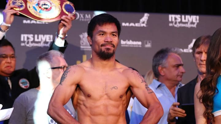 BRISBANE, AUSTRALIA - JULY 01: Manny Pacquiao during the weigh in ahead of the title fight between Jeff Horn and Manny Pacquiao at Suncorp Stadium on July 1, 2017 in Brisbane, Australia. (Photo by Chris Hyde/Getty Images)