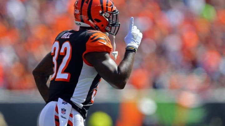 Sep 25, 2016; Cincinnati, OH, USA; Cincinnati Bengals running back Jeremy Hill (32) reacts to scoring a touchdown against the Denver Broncos in the first half at Paul Brown Stadium. Mandatory Credit: Aaron Doster-USA TODAY Sports