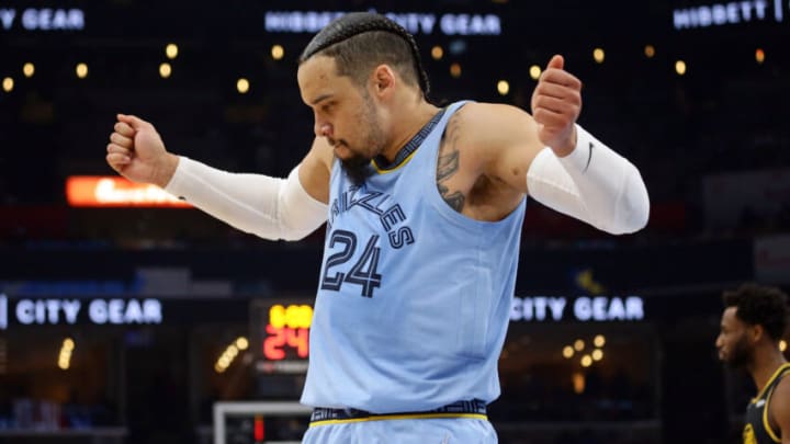 Mar 28, 2022; Memphis, Tennessee, USA; Memphis Grizzlies guard Dillon Brooks (24) dances after a basket during the first half against the Golden State Warriors at FedExForum. (Petre Thomas-USA TODAY Sports)