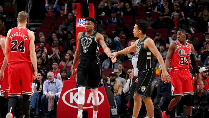 CHICAGO, IL – FEBRUARY 11: Giannis Antetokounmpo #34 of the Milwaukee Bucks reacts to a play during the game against the Chicago Bulls on February 11, 2019 at the United Center in Chicago, Illinois. NOTE TO USER: User expressly acknowledges and agrees that, by downloading and or using this photograph, user is consenting to the terms and conditions of the Getty Images License Agreement. Mandatory Copyright Notice: Copyright 2019 NBAE (Photo by Gary Dineen/NBAE via Getty Images)