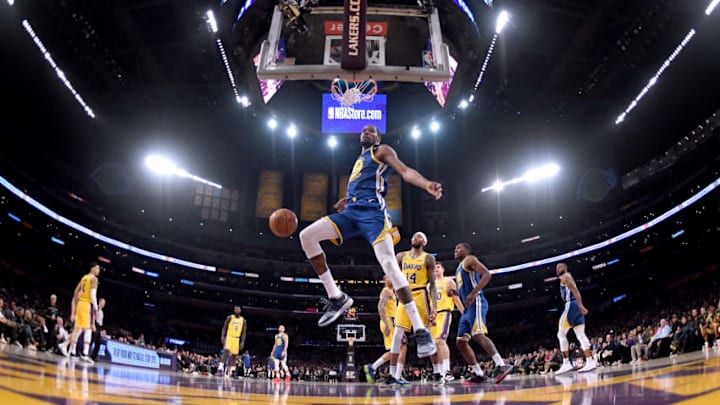 LOS ANGELES, CALIFORNIA - JANUARY 21: Kevin Durant #35 of the Golden State Warriors reacts after his dunk during a 130-111 win over the Los Angeles Lakers at Staples Center on January 21, 2019 in Los Angeles, California. NOTE TO USER: User expressly acknowledges and agrees that, by downloading and or using this photograph, User is consenting to the terms and conditions of the Getty Images License Agreement. (Photo by Harry How/Getty Images)