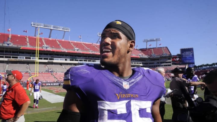 Oct 26, 2014; Tampa, FL, USA; Minnesota Vikings outside linebacker Anthony Barr (55) celebrates as the Minnesota Vikings beat the Tampa Bay Buccaneers 19-13 in overtime at Raymond James Stadium. Barr returned a fumble for a 27-yard touchdown on the first play in overtime to win the game. Mandatory Credit: David Manning-USA TODAY Sports