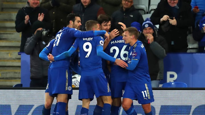 LEICESTER, ENGLAND - NOVEMBER 28: Riyad Mahrez of Leicester City (26) celebrates as he scores their second goal with team mates during the Premier League match between Leicester City and Tottenham Hotspur at The King Power Stadium on November 28, 2017 in Leicester, England. (Photo by Catherine Ivill/Getty Images)