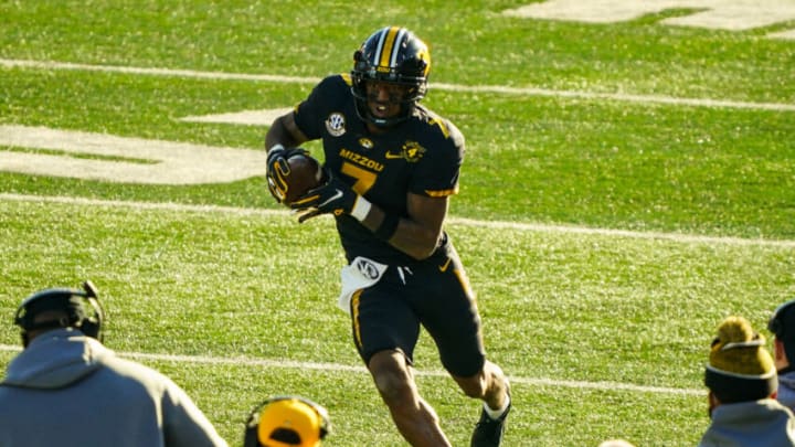 Dec 5, 2020; Columbia, Missouri, USA; Missouri Tigers wide receiver Damon Hazelton (7) runs against the Arkansas Razorbacks during the second half at Faurot Field at Memorial Stadium. Mandatory Credit: Jay Biggerstaff-USA TODAY Sports