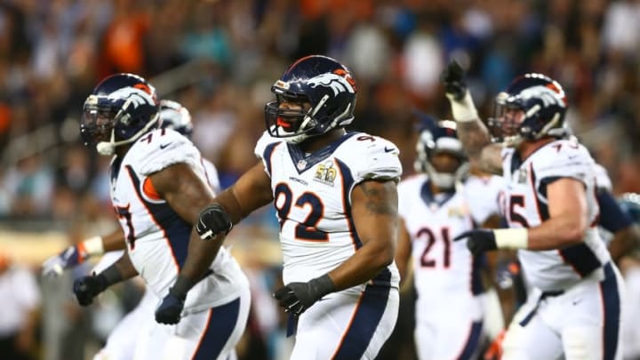 Feb 7, 2016; Santa Clara, CA, USA; Denver Broncos defensive tackle Sylvester Williams (92) celebrates a play against the Carolina Panthers in Super Bowl 50 at Levi