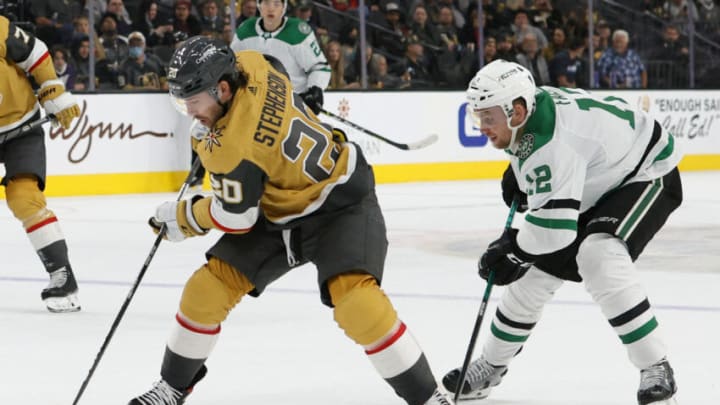 Chandler Stephenson with the puck for the Vegas Golden Knights. (Photo by Ethan Miller/Getty Images)